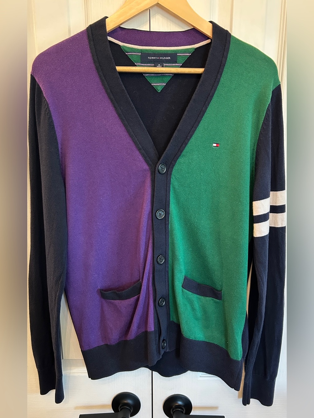 Tommy Hilfiger 100% Cotton Color Block (Purple, Green) Cardigan Sweater Men's M - Picture 1 of 5